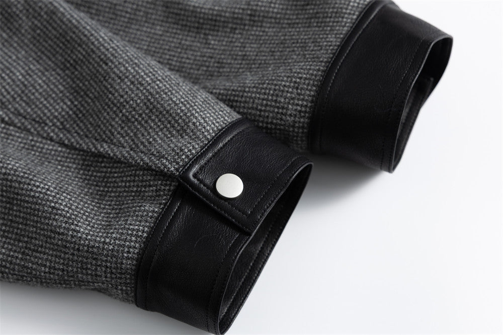 Men's Houndstooth Wool-Blend Bomber Jacket with Leather Collar & Cuffs