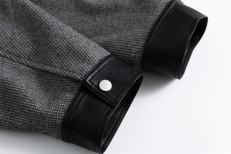 Men's Houndstooth Wool-Blend Bomber Jacket with Leather Collar & Cuffs