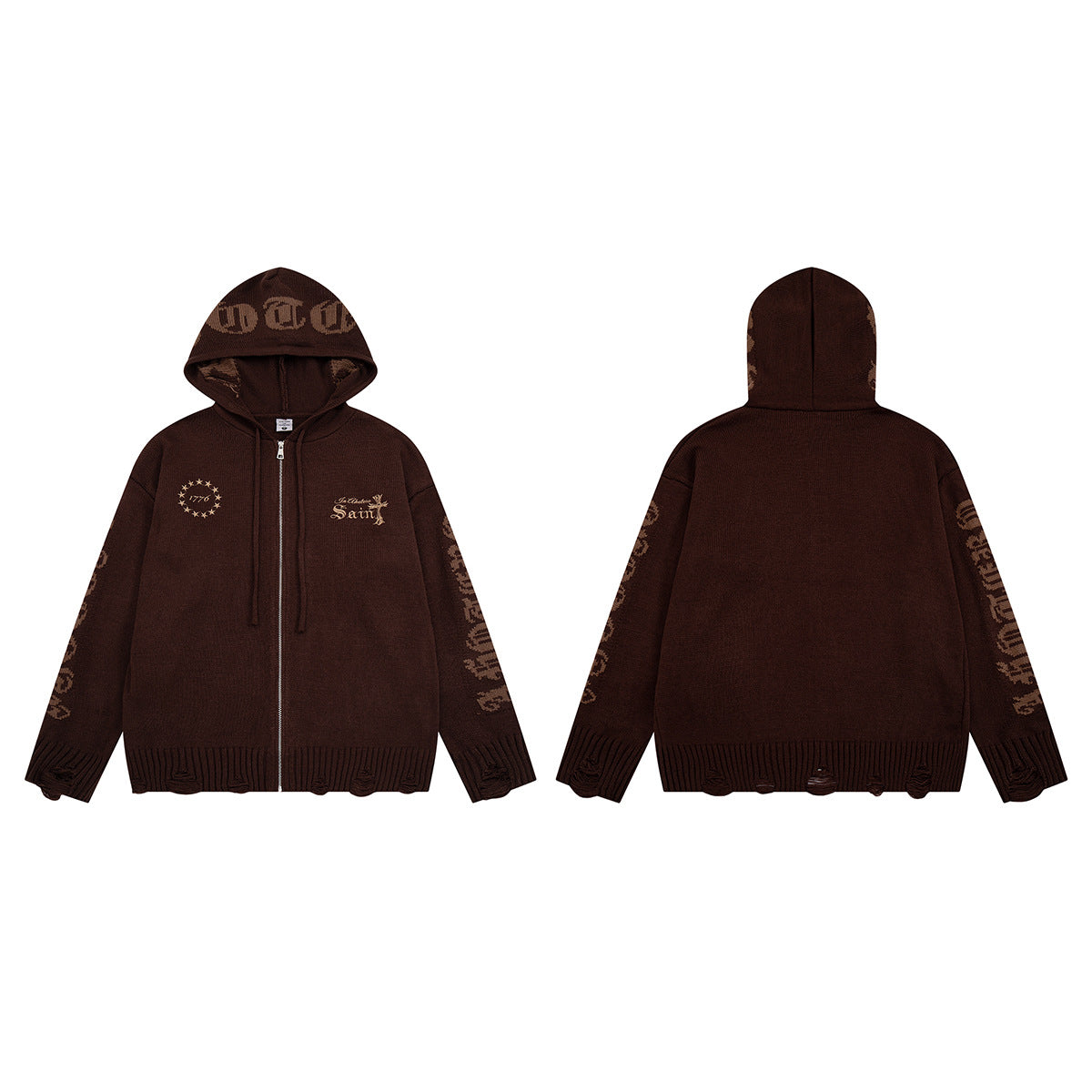 Sudadera de punto con cremallera y cruz gótica – Cárdigan de streetwear americano desgastado