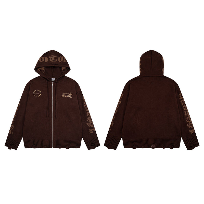 Sudadera de punto con cremallera y cruz gótica – Cárdigan de streetwear americano desgastado