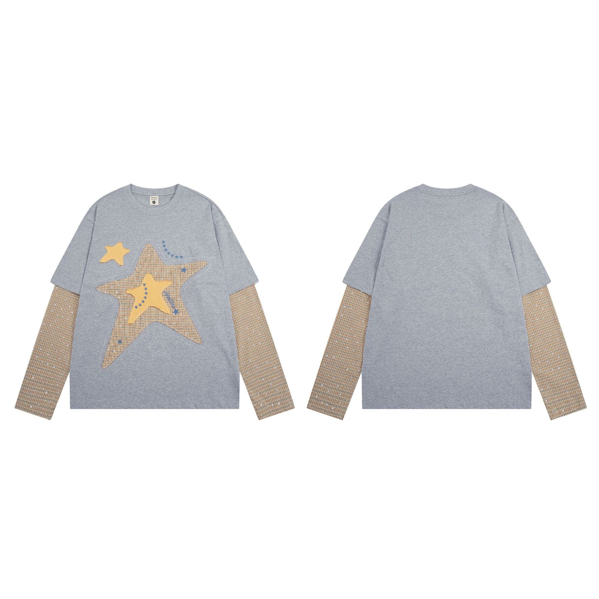 Langarmshirt mit Sternen-Applikation, Faux-Layering und karierten Kontrastärmeln