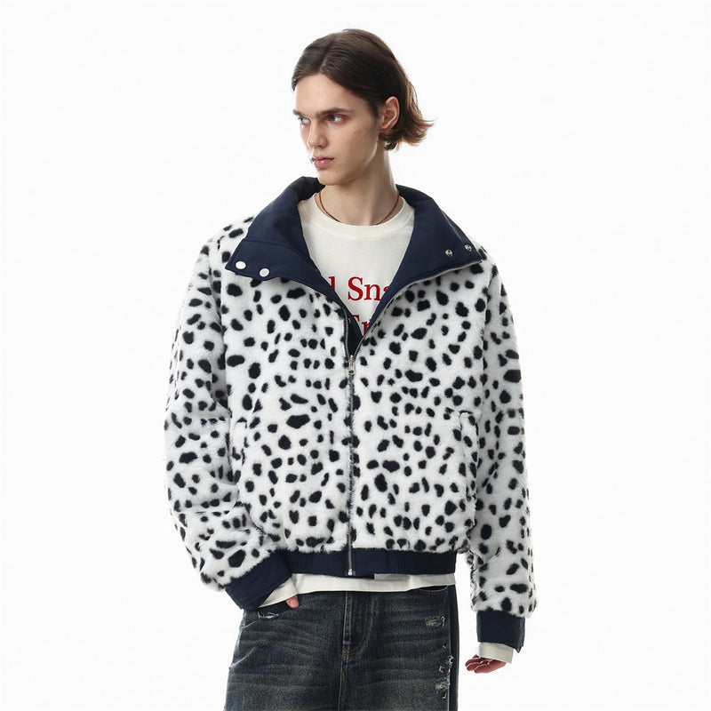 Reversible Stand-Collar Jacket Men's Dalmatian Faux Fur & Nylon Oversized Bomber
