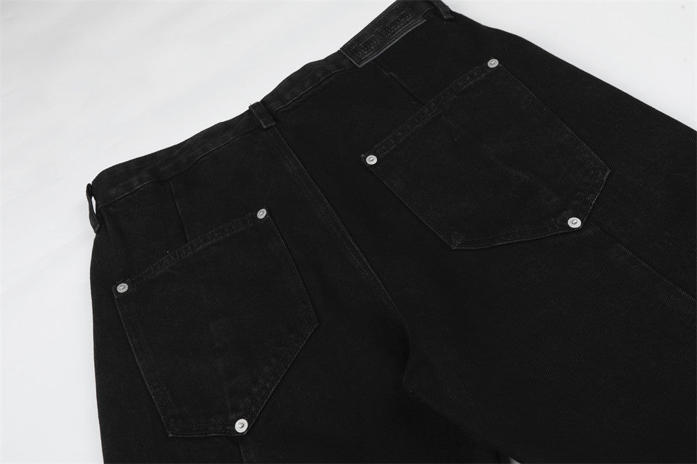 Wide-Leg Cargo Jeans – Pleated Multi-Pocket Washed Black Denim