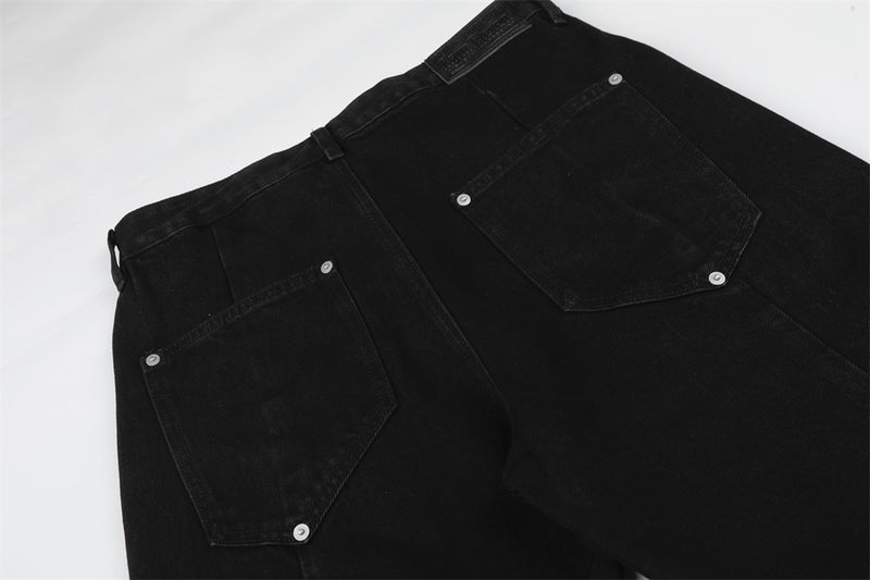 Wide-Leg Cargo Jeans – Pleated Multi-Pocket Washed Black Denim