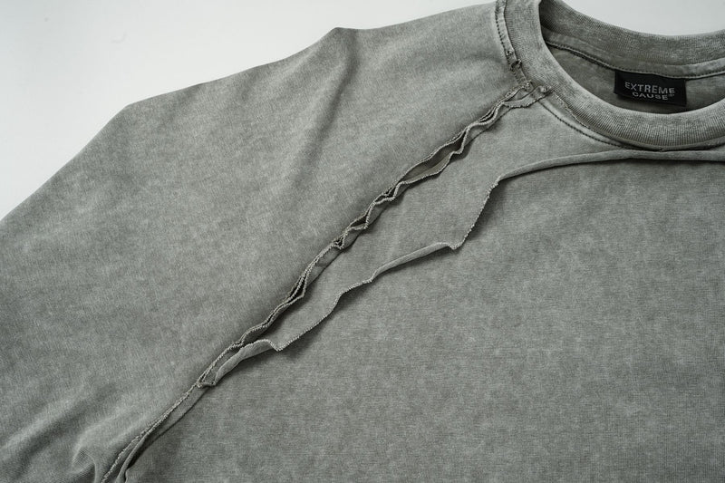 Camiseta de manga larga efecto dos piezas de lavado ácido con costuras de borde sin rematar