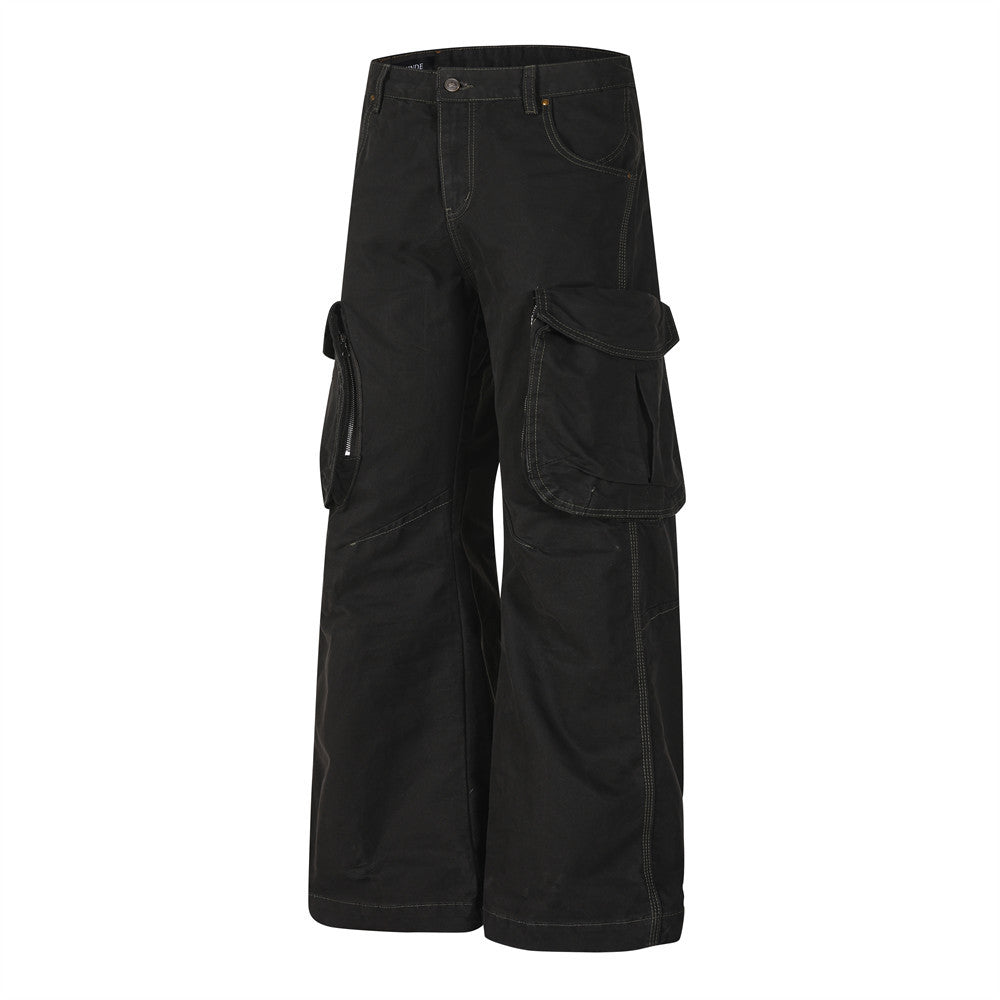 Wide-Leg Cargo Pants with Union Jack Patch and Multi-Pocket Design