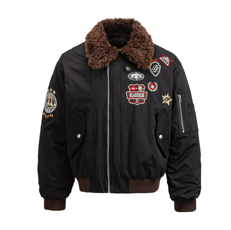 Patch Bomber Jacket with Shearling Collar – Quilted Lined Flight Jacket