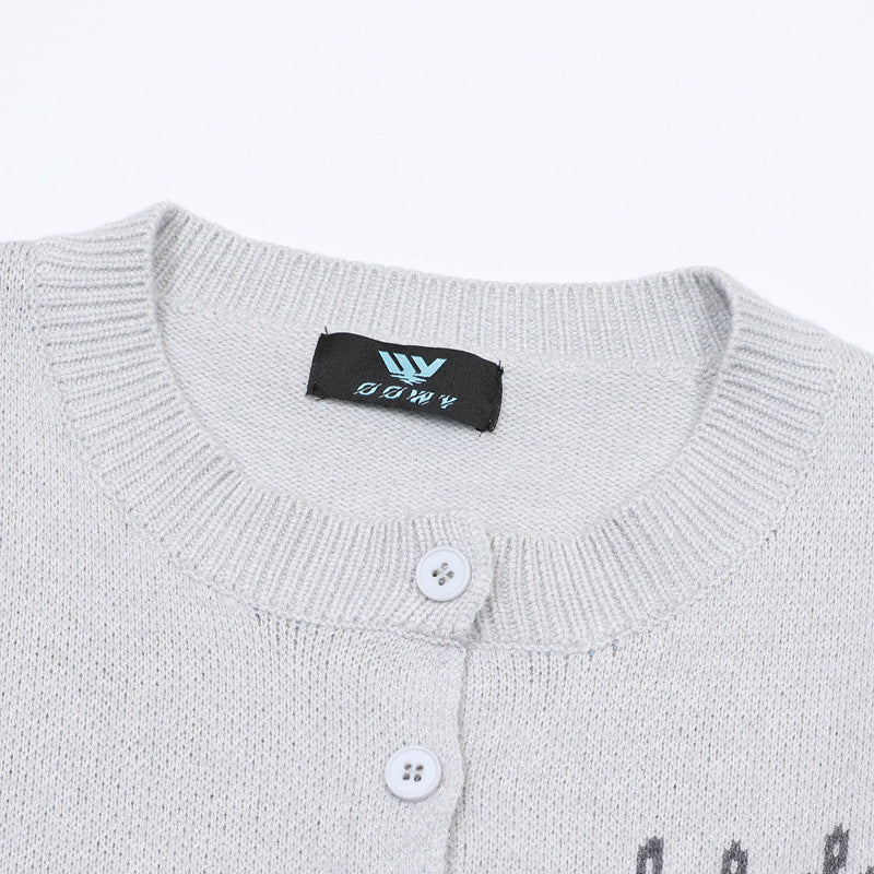 Pixel Bear Jacquard Knit Cardigan Sweater – Round Neck Button-Front