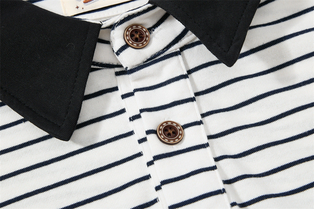 Striped Long Sleeve Shirt Mens Polo — Varsity Embroidery, Relaxed Fit