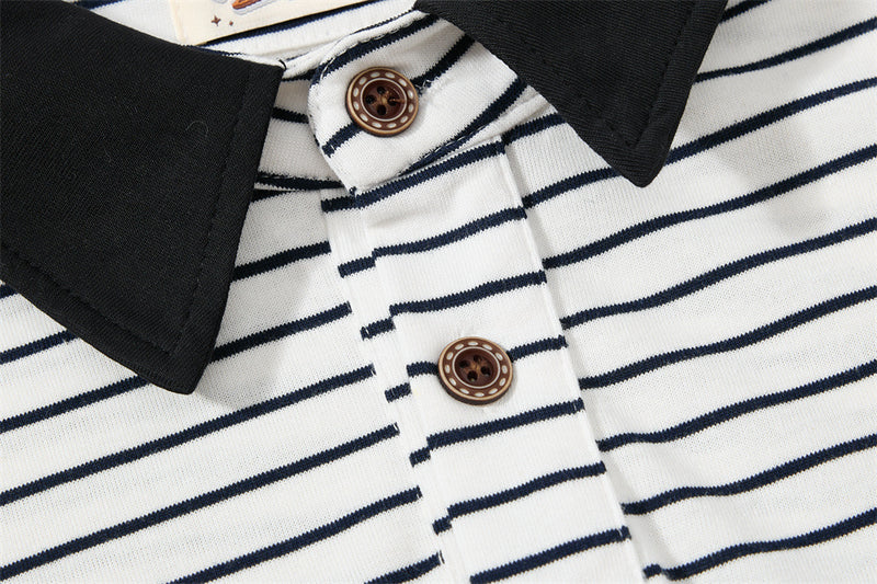 Striped Long Sleeve Shirt Mens Polo — Varsity Embroidery, Relaxed Fit