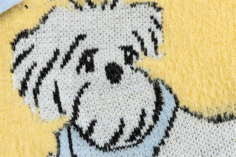 Cartoon Dog Colorblock Crew Neck Knit Sweater – Oversized Fuzzy Pullover