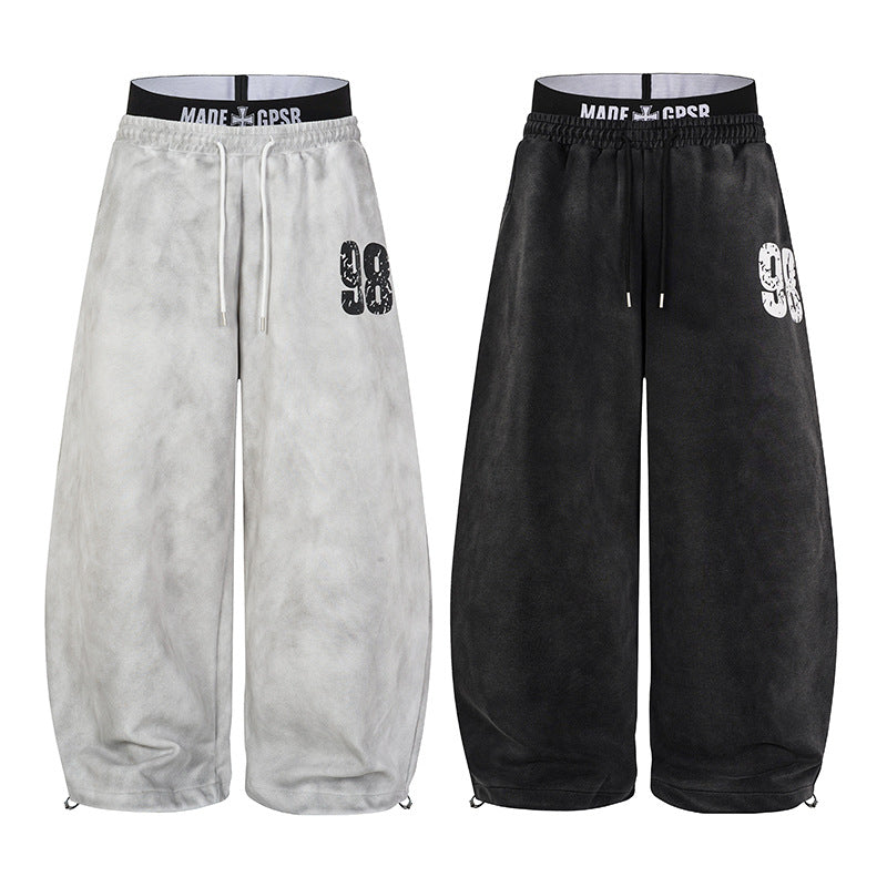 Wide Leg Sweatpants Acid Wash Double Waistband Baggy Fit with '98 Graphic