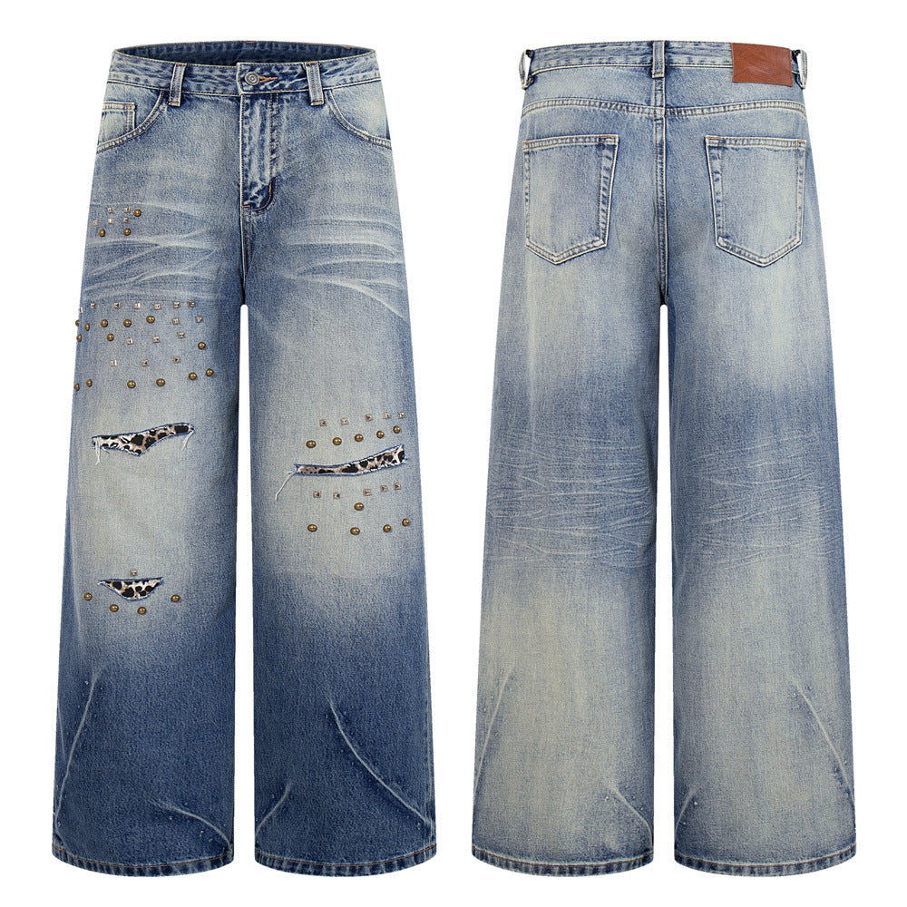 Wide-Leg Distressed Jeans with Studs & Leopard Patches — Men's American Street