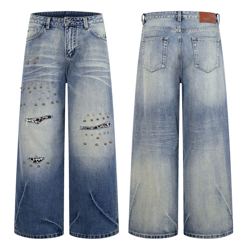 Wide-Leg Distressed Jeans with Studs & Leopard Patches — Men's American Street
