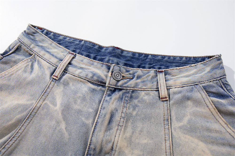 Tie-Dye Washed Denim Shorts – Wide-Leg Embroidered Vintage Punk Style