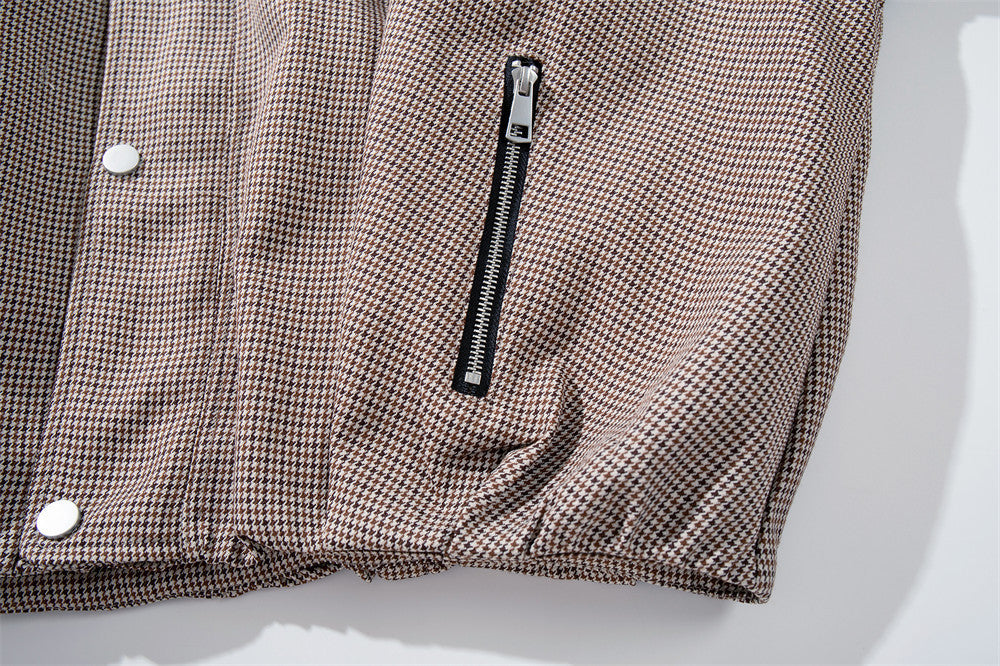 Veste oversize à col montant en pied-de-poule – Manteau streetwear à poches zippées multiples