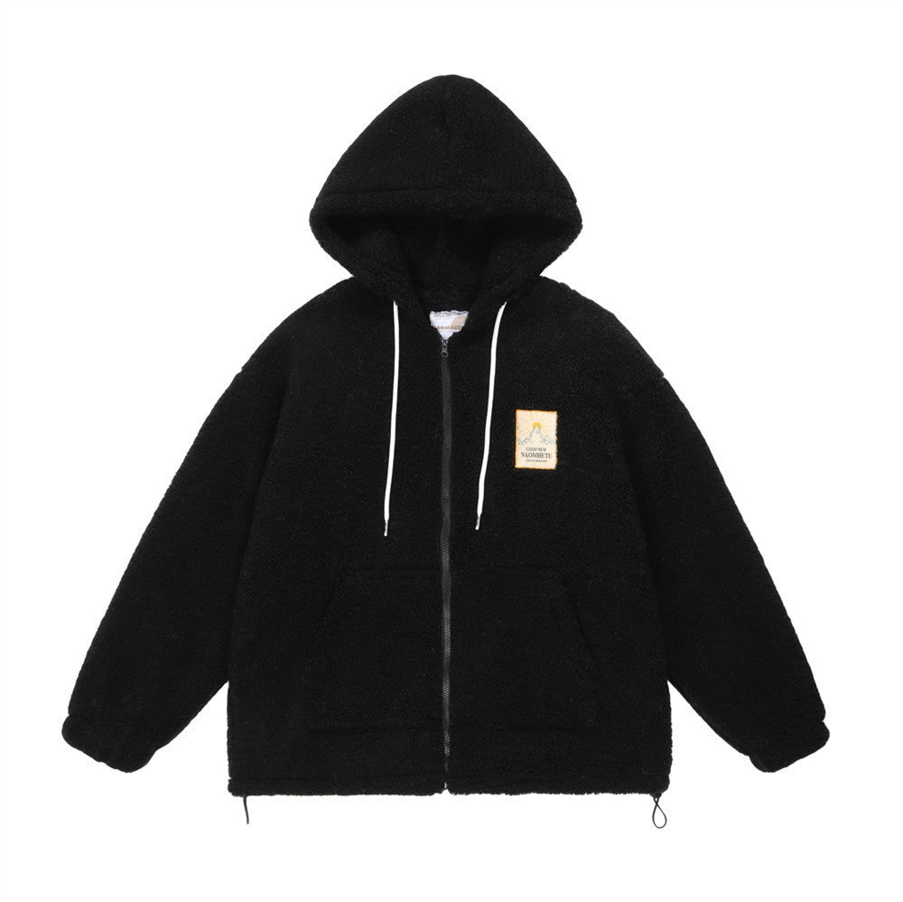 Sherpa-Fleece-Zip-Hoodie-Jacke mit Schriftgrafik auf dem Rücken und Tunnelzugsaum