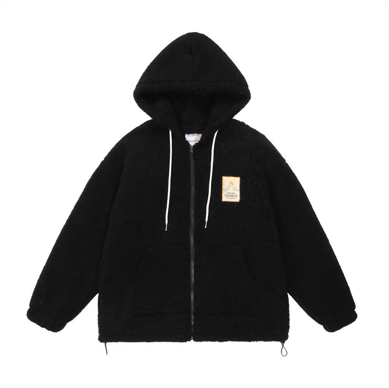 Sherpa-Fleece-Zip-Hoodie-Jacke mit Schriftgrafik auf dem Rücken und Tunnelzugsaum