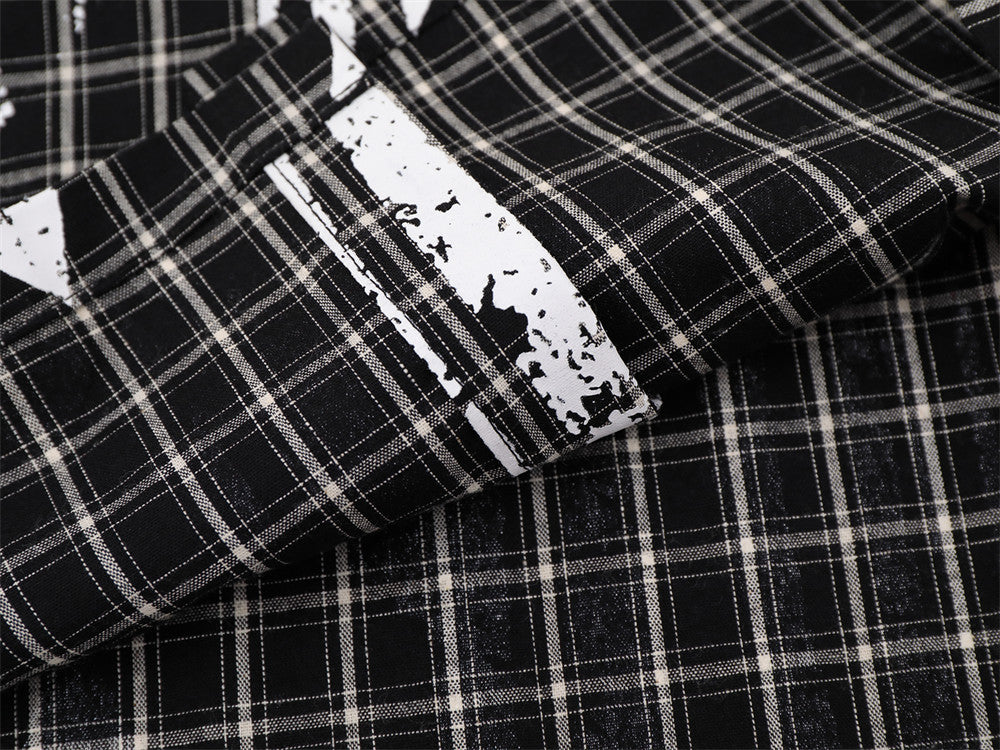 Plaid Long Sleeve Shirt – Graffiti Print & Old English Embroidery, Oversized Fit