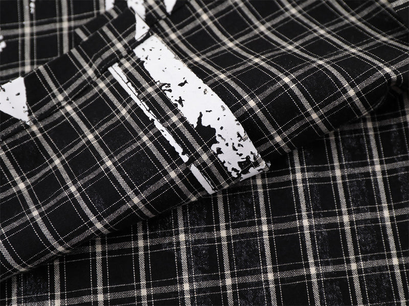 Plaid Long Sleeve Shirt – Graffiti Print & Old English Embroidery, Oversized Fit