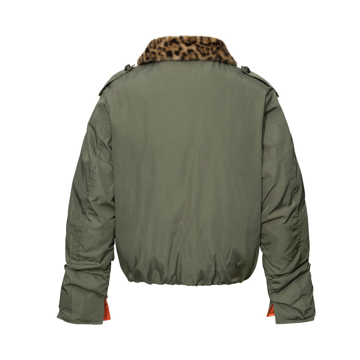 Military Bomber Jacket with Leopard Faux Fur Collar & Double-Breasted Button