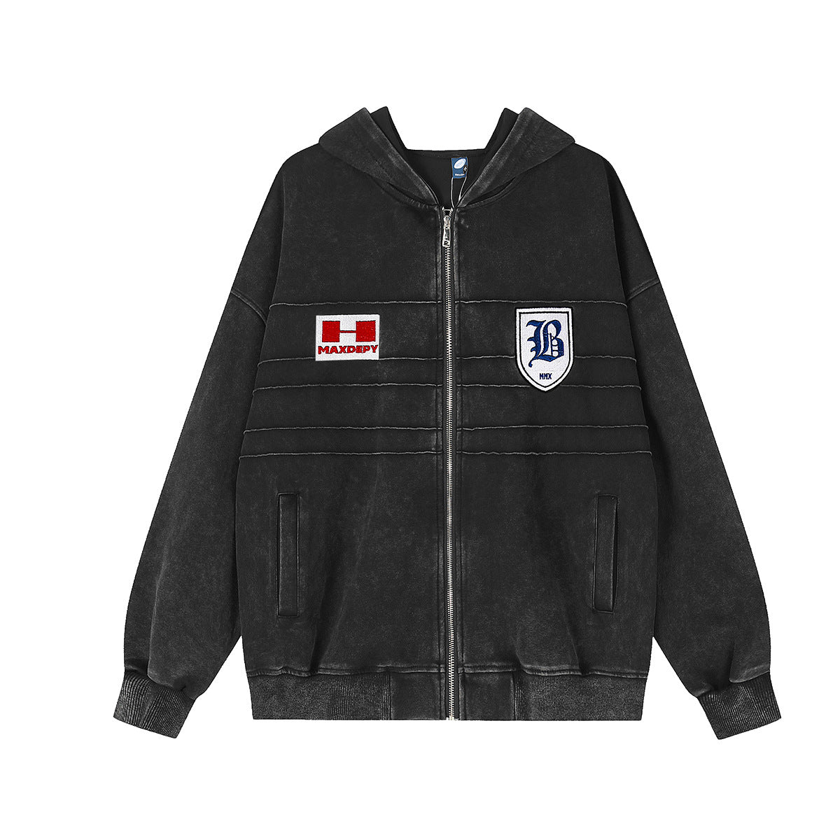 Oversized-Hoodie mit Reißverschluss im Acid-Wash-Look, gesticktem Varsity-B-Wappen und MAXDEPY-Aufnäher auf der Brust in verwaschenem Schwarz