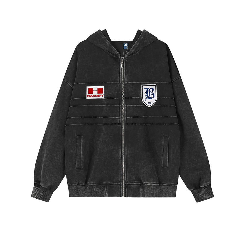 Oversized-Hoodie mit Reißverschluss im Acid-Wash-Look, gesticktem Varsity-B-Wappen und MAXDEPY-Aufnäher auf der Brust in verwaschenem Schwarz