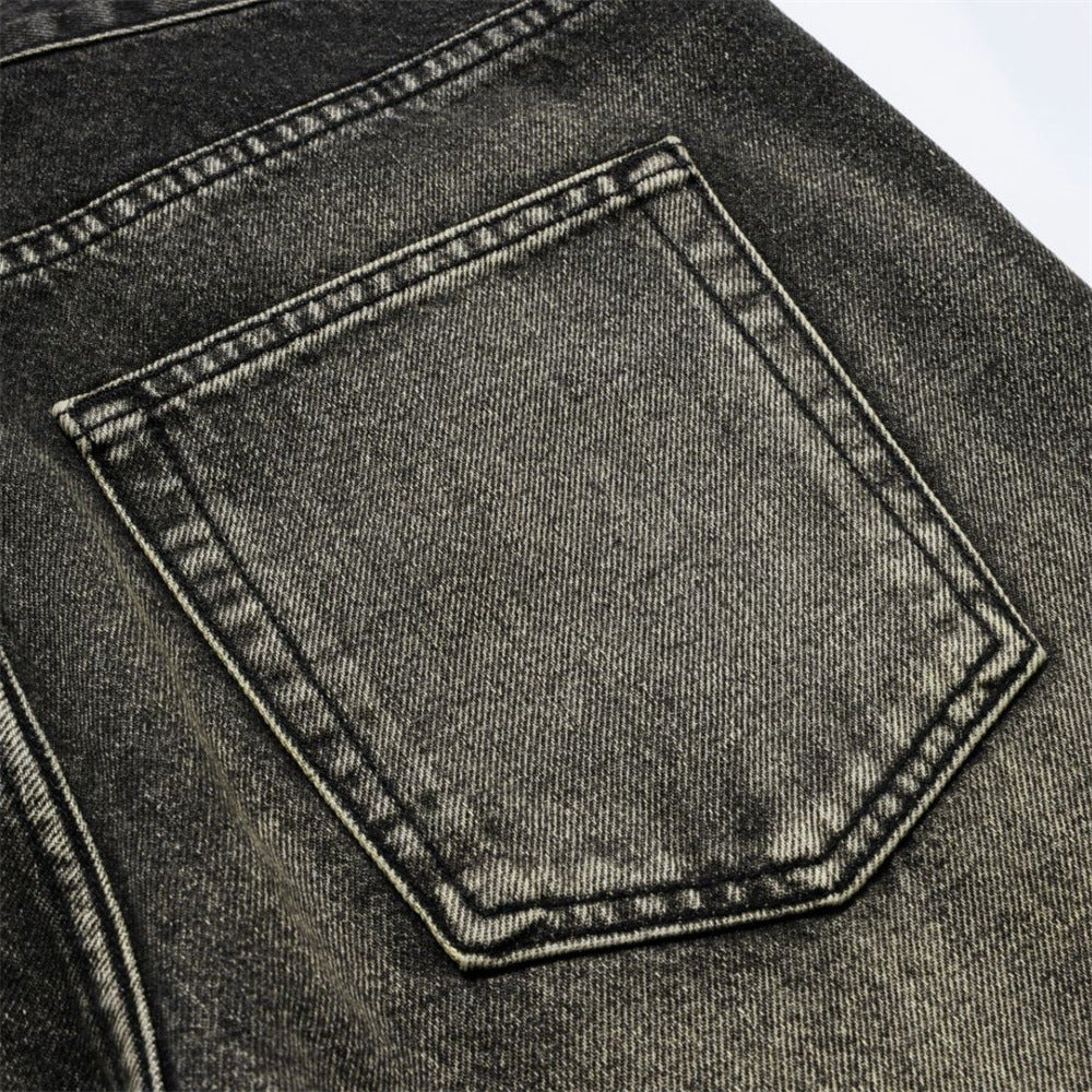 Baggy Straight Leg Jeans – Men's Vintage Washed Distressed Black Wide-Leg Denim