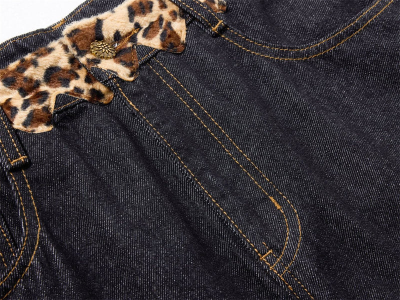 Loose Fit Jeans Men – Black Wide-Leg Denim with Leopard Print Appliqué Patches