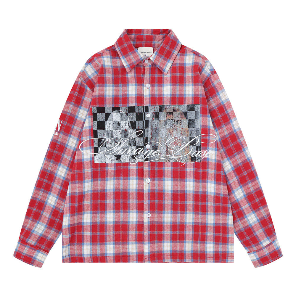 Camisa de franela de cuadros para hombre con gráfico de tablero de ajedrez, streetwear, oversize