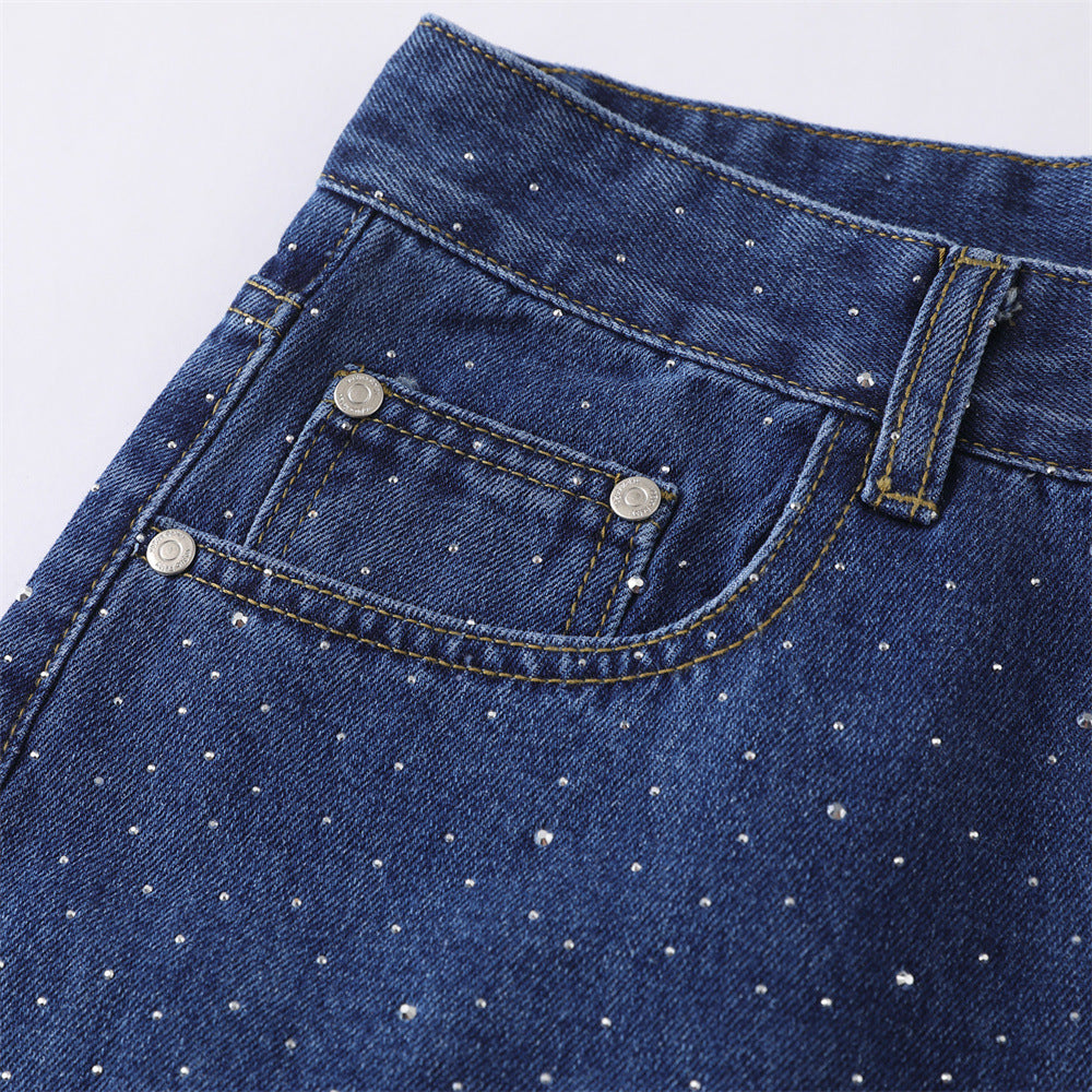 Wide-Leg Denim Shorts with Allover Rhinestone Detail – Men's Cropped Jean Shorts