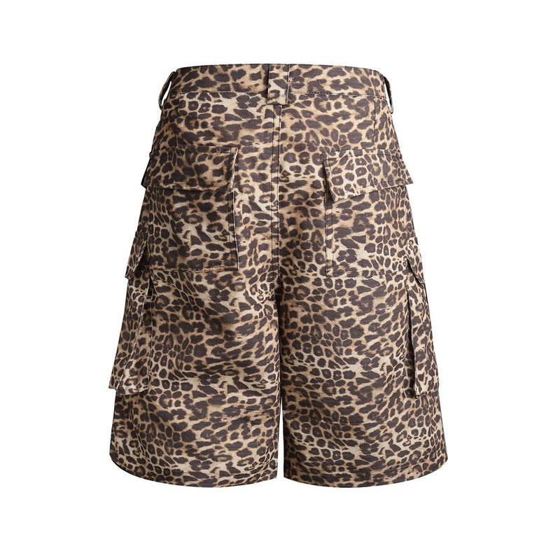 Leopard print cargo shorts with rear flap pockets and metal snap waist closure, back view