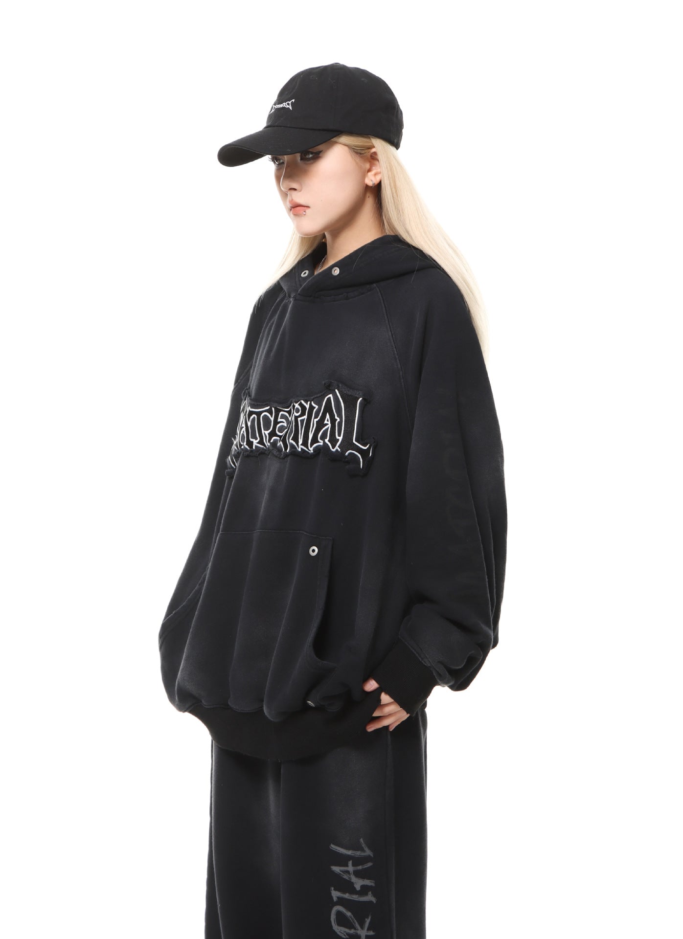 Material Graphic Oversized Hoodie – Washed Heavy Fleece with Embroidered Patch &