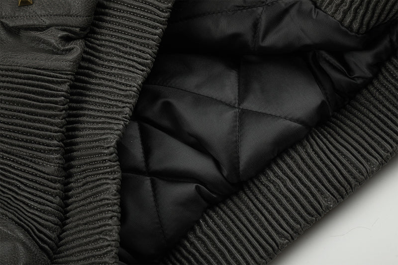 Leather Jacket Fur Collar Studded Hooded Bomber Jacket with Fleece Lining