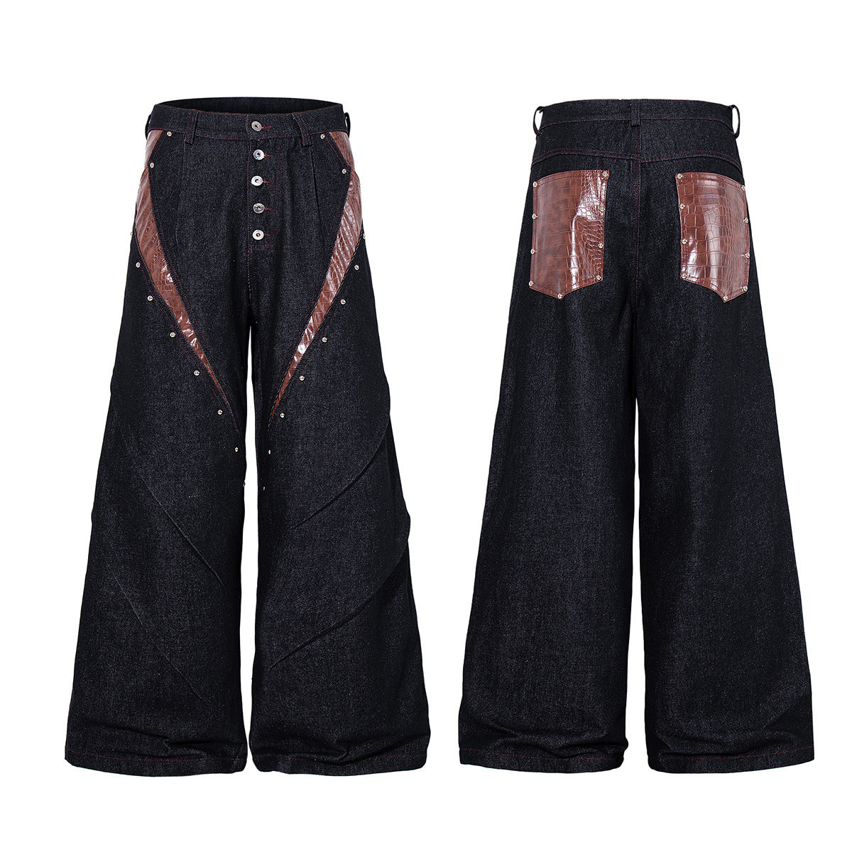 Boxy Raw Denim Jacket with Crocodile-Embossed Leather Panels