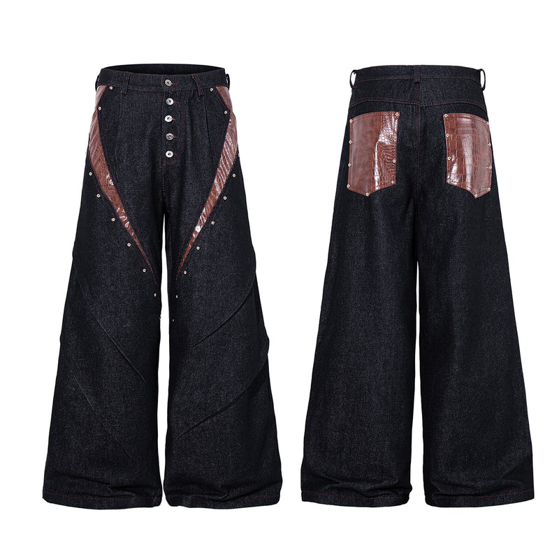 Boxy Raw Denim Jacket with Crocodile-Embossed Leather Panels