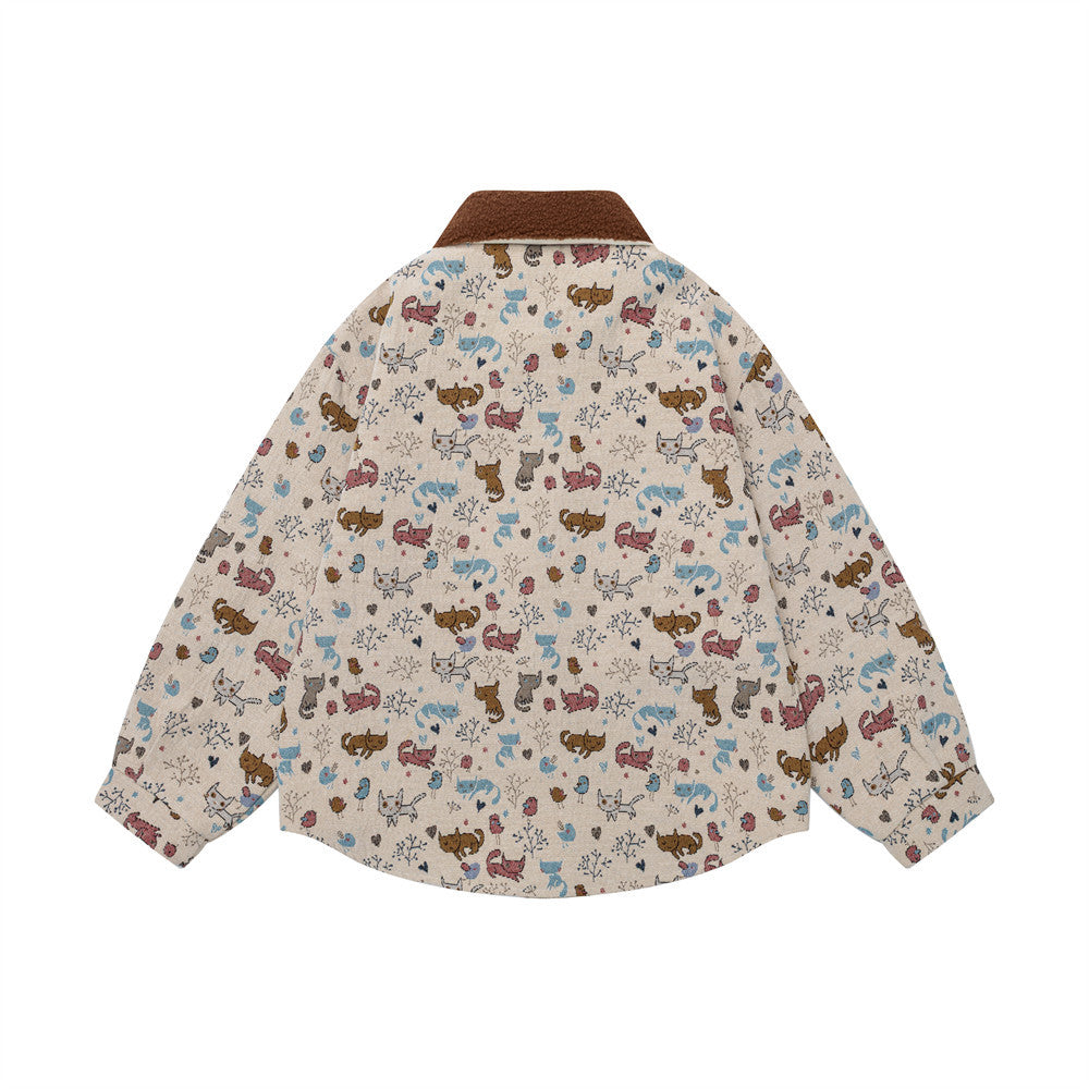 Cartoon Cat Allover Print Jacket with Fleece Collar & 3D Bear Clasp, Relaxed Fit
