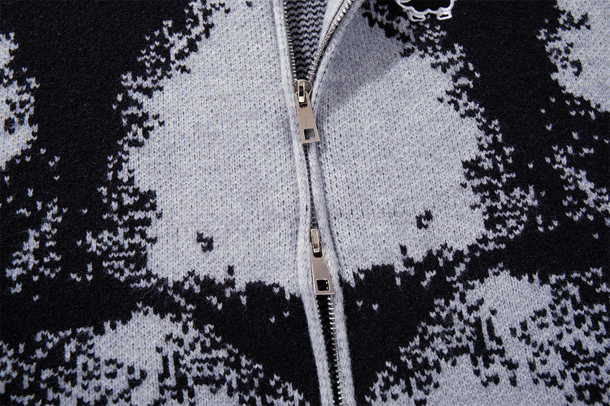 Abstract Bear Jacquard Knit Zip-Up Cardigan Sweater – Oversized High-Street