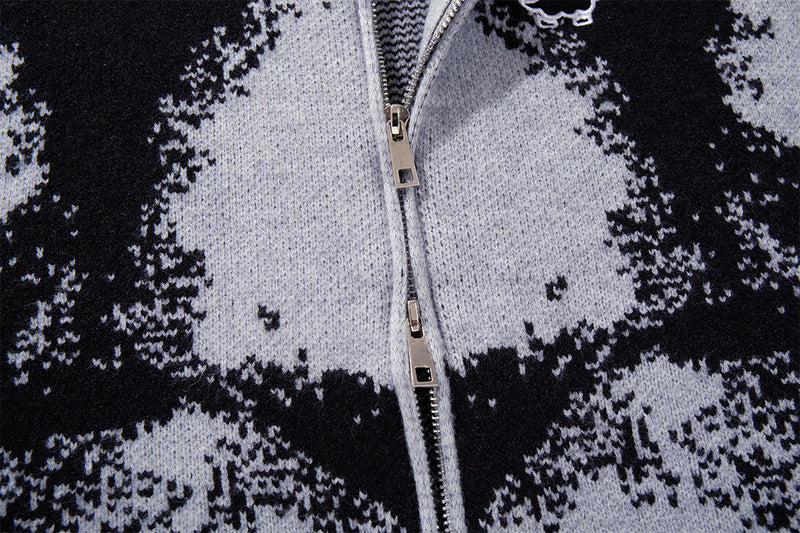 Abstract Bear Jacquard Knit Zip-Up Cardigan Sweater – Oversized High-Street