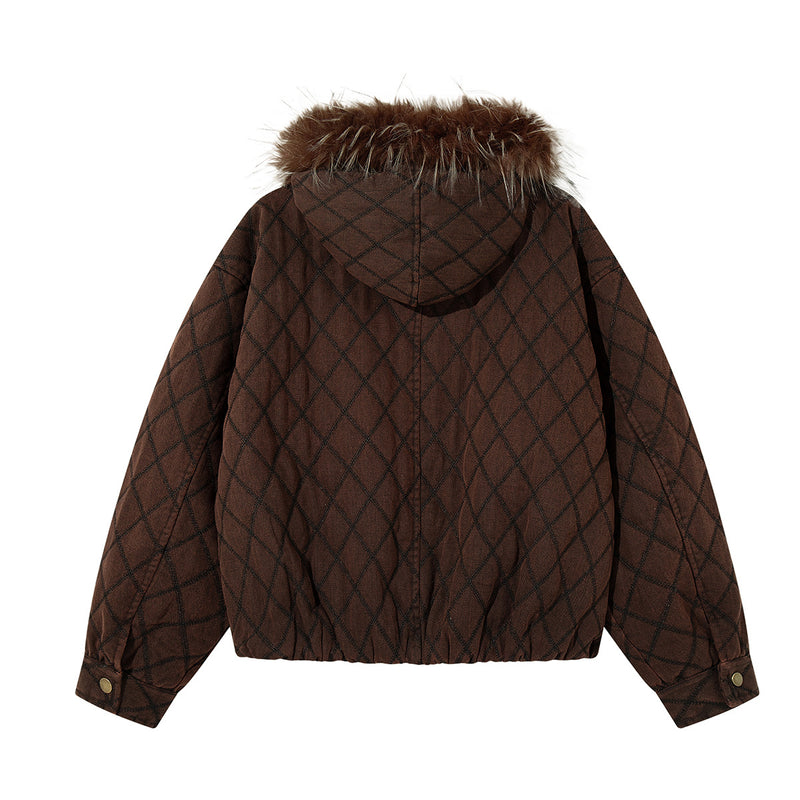 Brown quilted diamond jacket shown from the back with a hood, fur trim, and elasticized hem