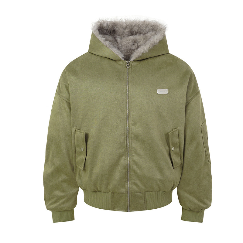 Bomber en suédine avec capuche en fausse fourrure – Manteau d’hiver oversize