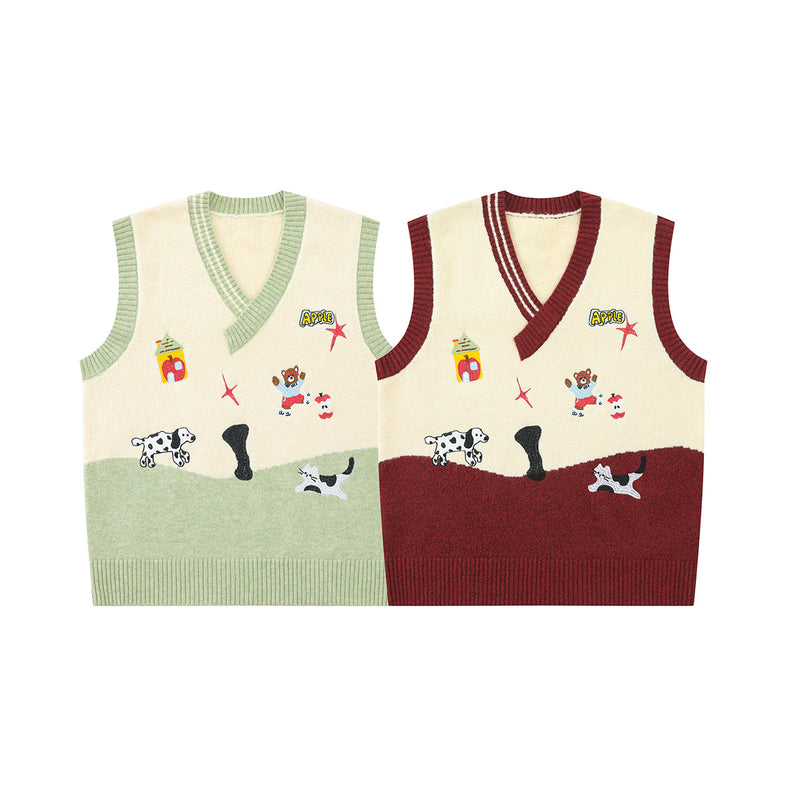 Cartoon Embroidered Knit Sweater Vest – V-Neck Colorblock College Style