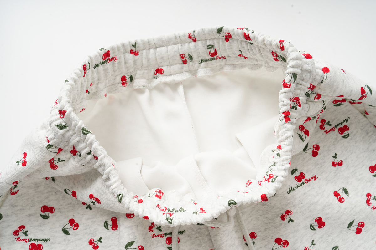 Cherry Print Zip-Up Hoodie & Wide-Leg Sweatpants Set – Heather Grey Floral