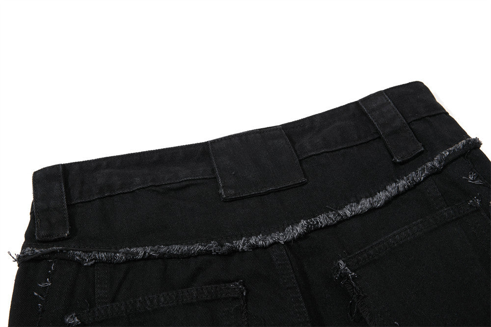 Black Wide-Leg Deconstructed Jeans – Zipper Detail & Raw-Edge Patchwork