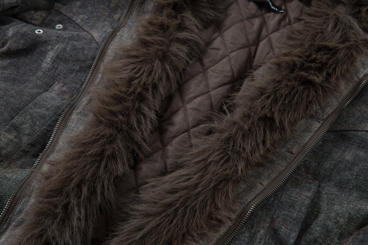 Washed Denim Bomber Jacket with Faux Fur Hood – Vintage American Style