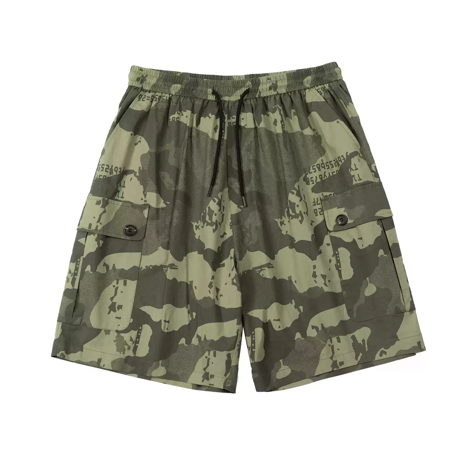 Men's relaxed fit green woodland camo cargo shorts with elasticated drawstring waist and button flap thigh pockets