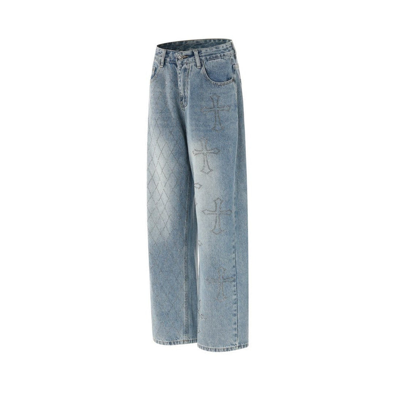 Side view of light blue wide-leg jeans with cross graphics and argyle pattern