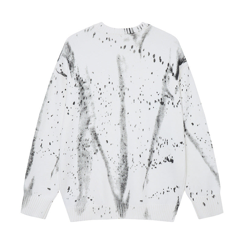 Ink-Wash-Strickpullover mit Farbspritzern und Rundhalsausschnitt – Oversized Streetwear