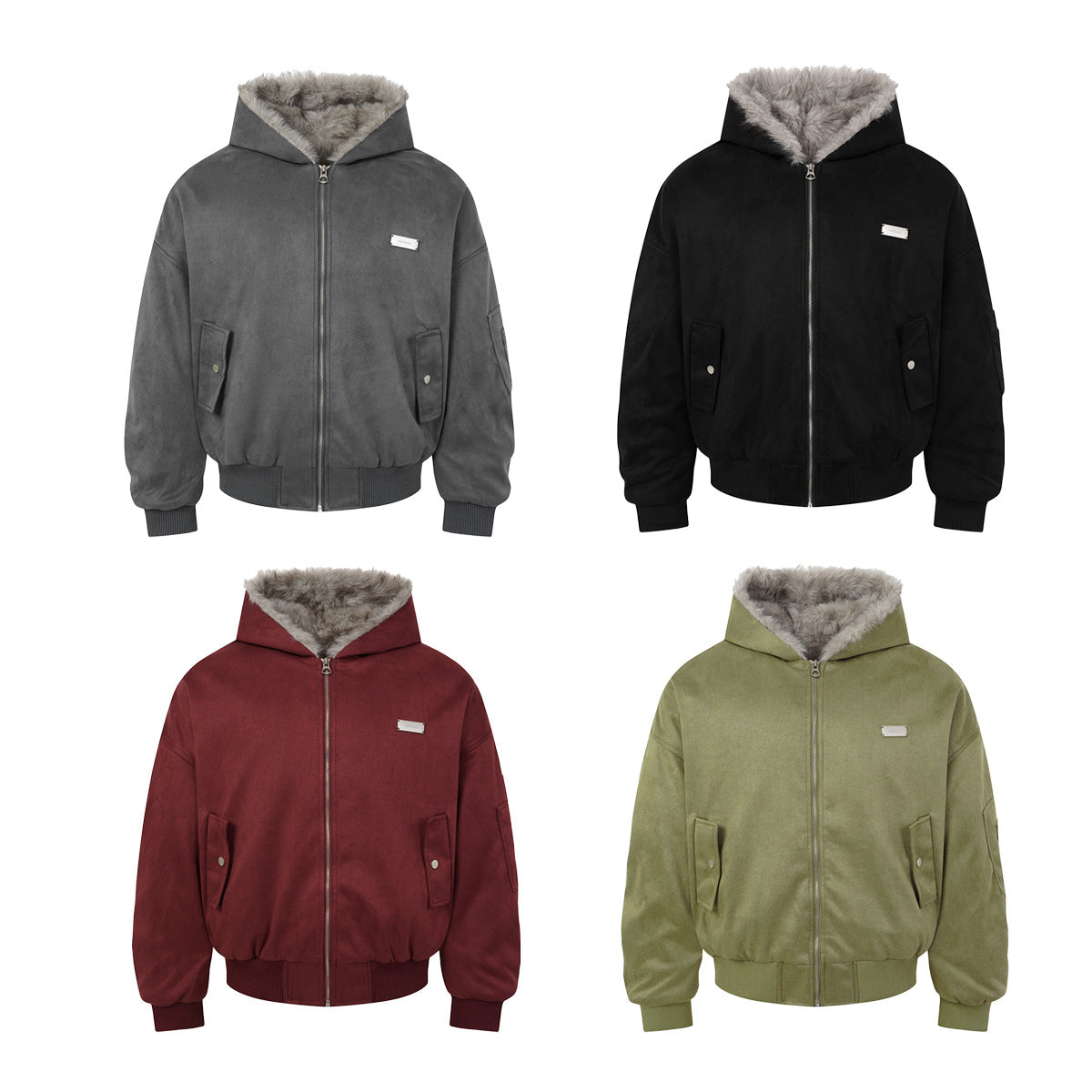 Bomber en suédine avec capuche en fausse fourrure – Manteau d’hiver oversize