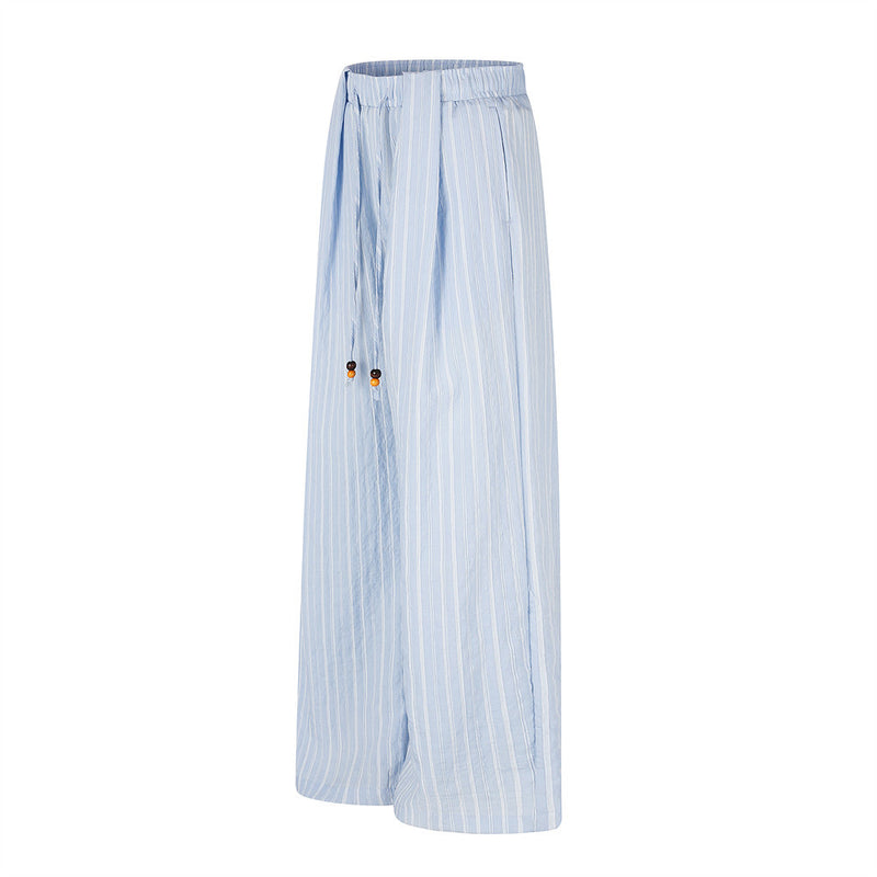 Striped Wide-Leg Pants with Elastic Drawstring Waist and Pleated Detail